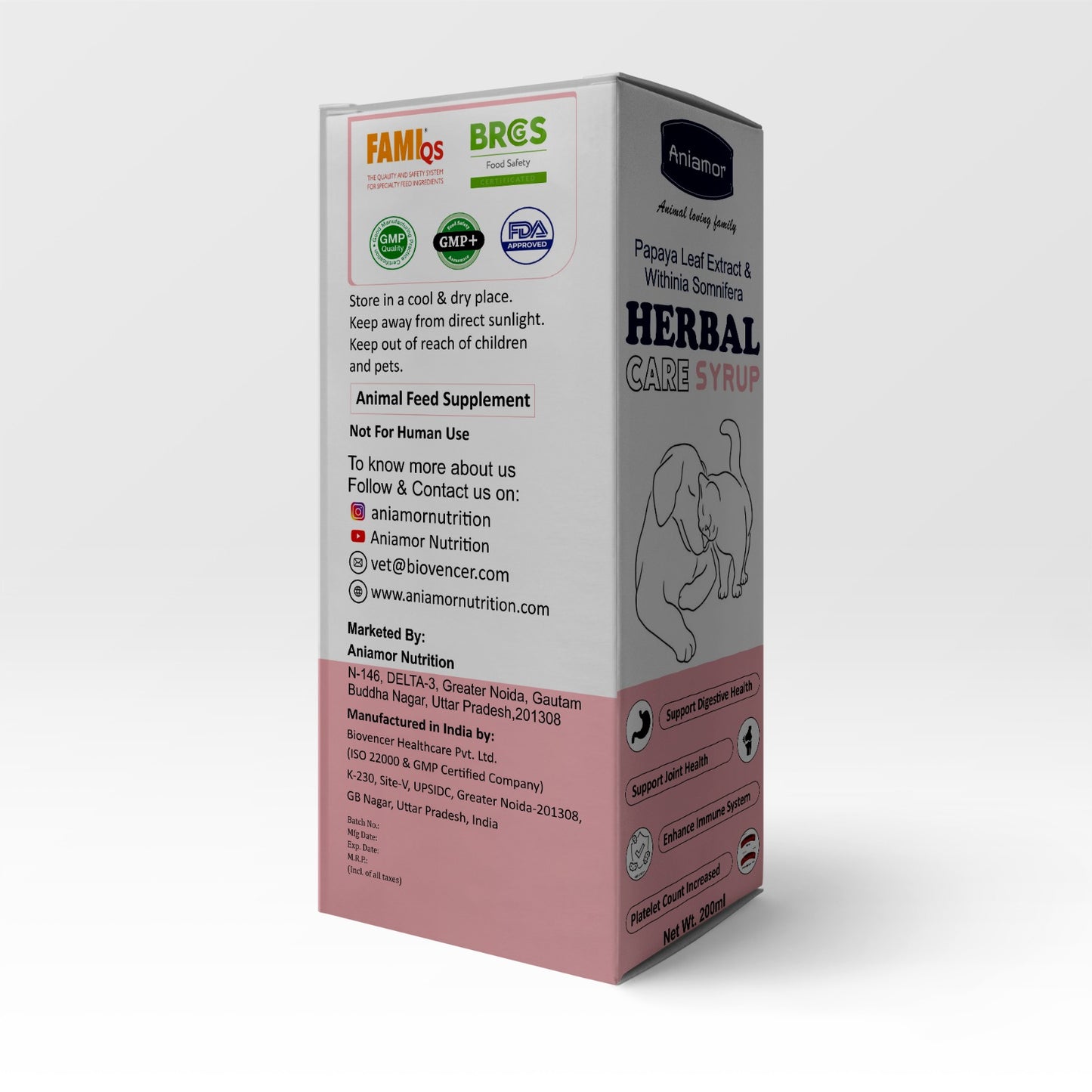 Herbal Care Syrup for Pets-Aniamor| Papaya Leaf Extract and withinia somnifera Syrup| 200ml