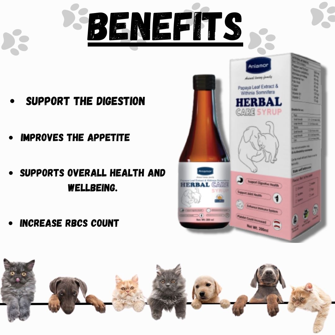 Herbal Care Syrup for Pets-Aniamor| Papaya Leaf Extract and withinia somnifera Syrup| 200ml