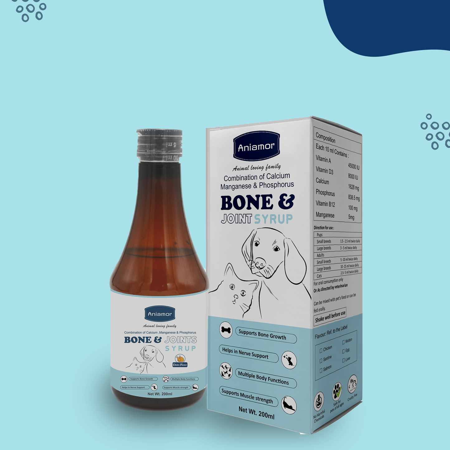Bone and joint syrup Aniamor for pets in 200ml bottle box