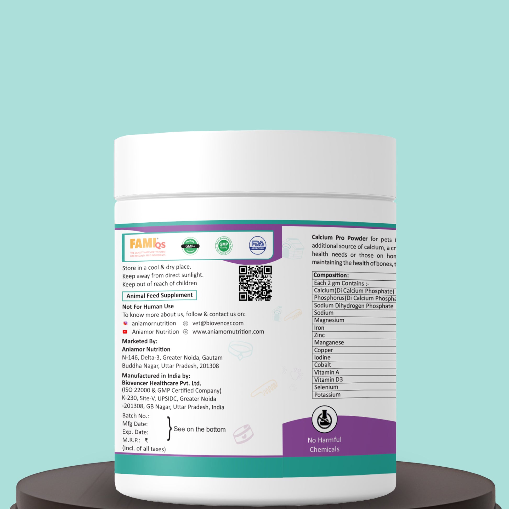 Calcium pro Powder certification and compositions for pets
