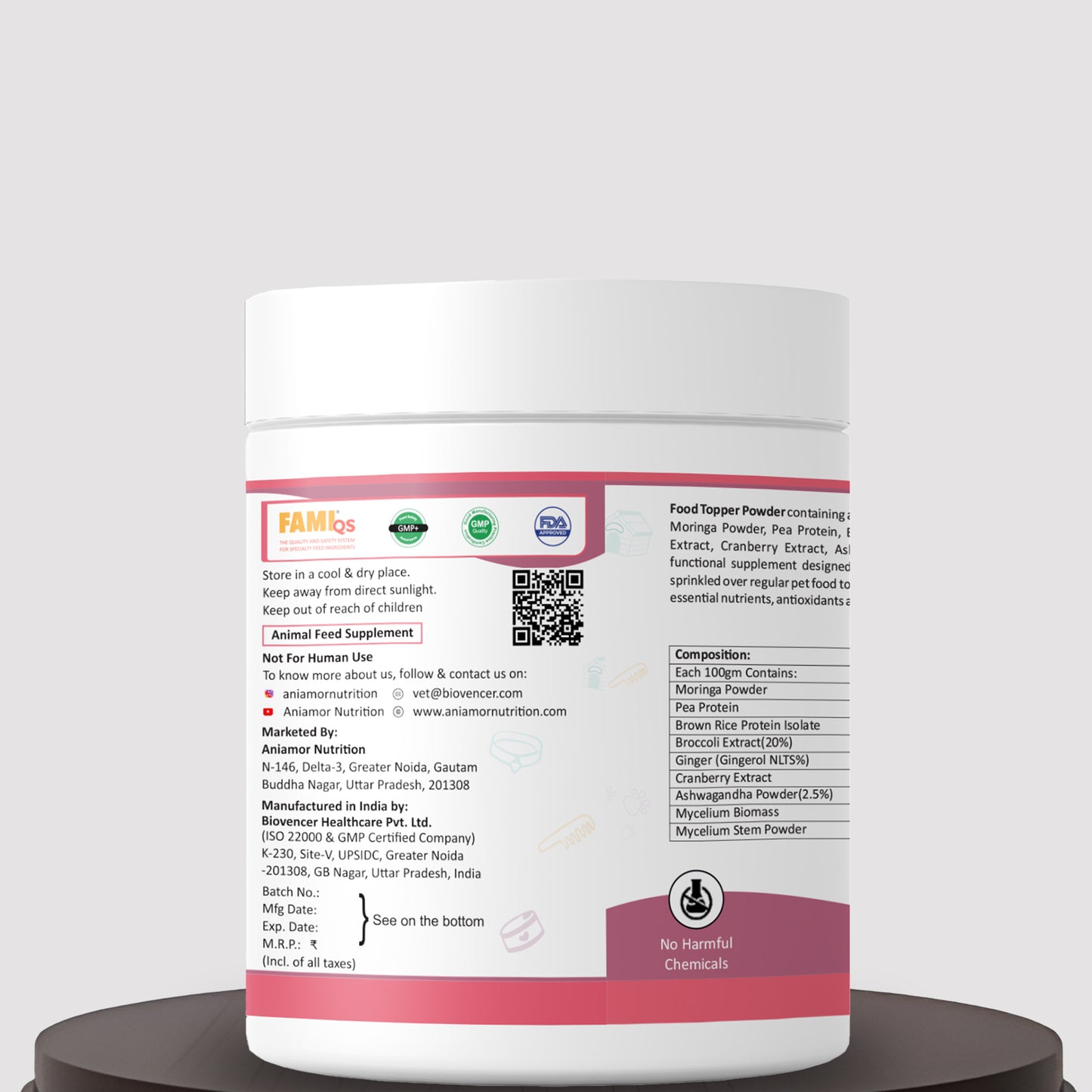 Food topper powder Aniamor certifications and compositions