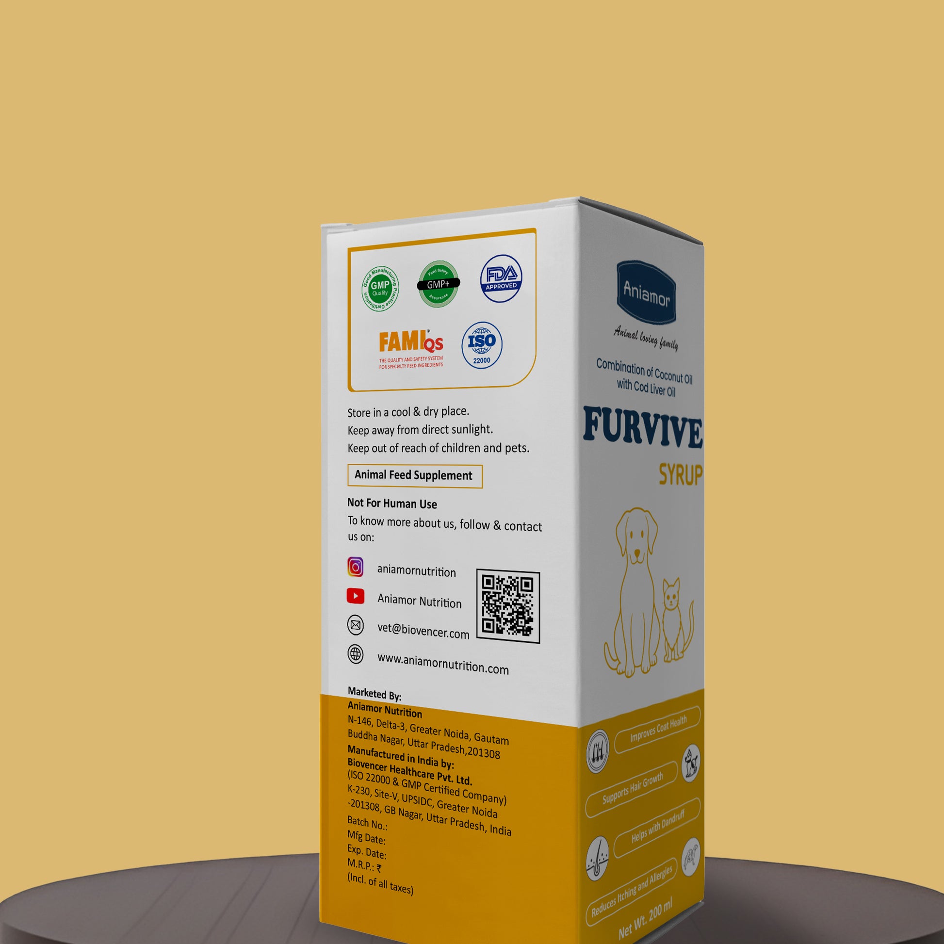 Furvive care syrup Aniamor Certifications for pets