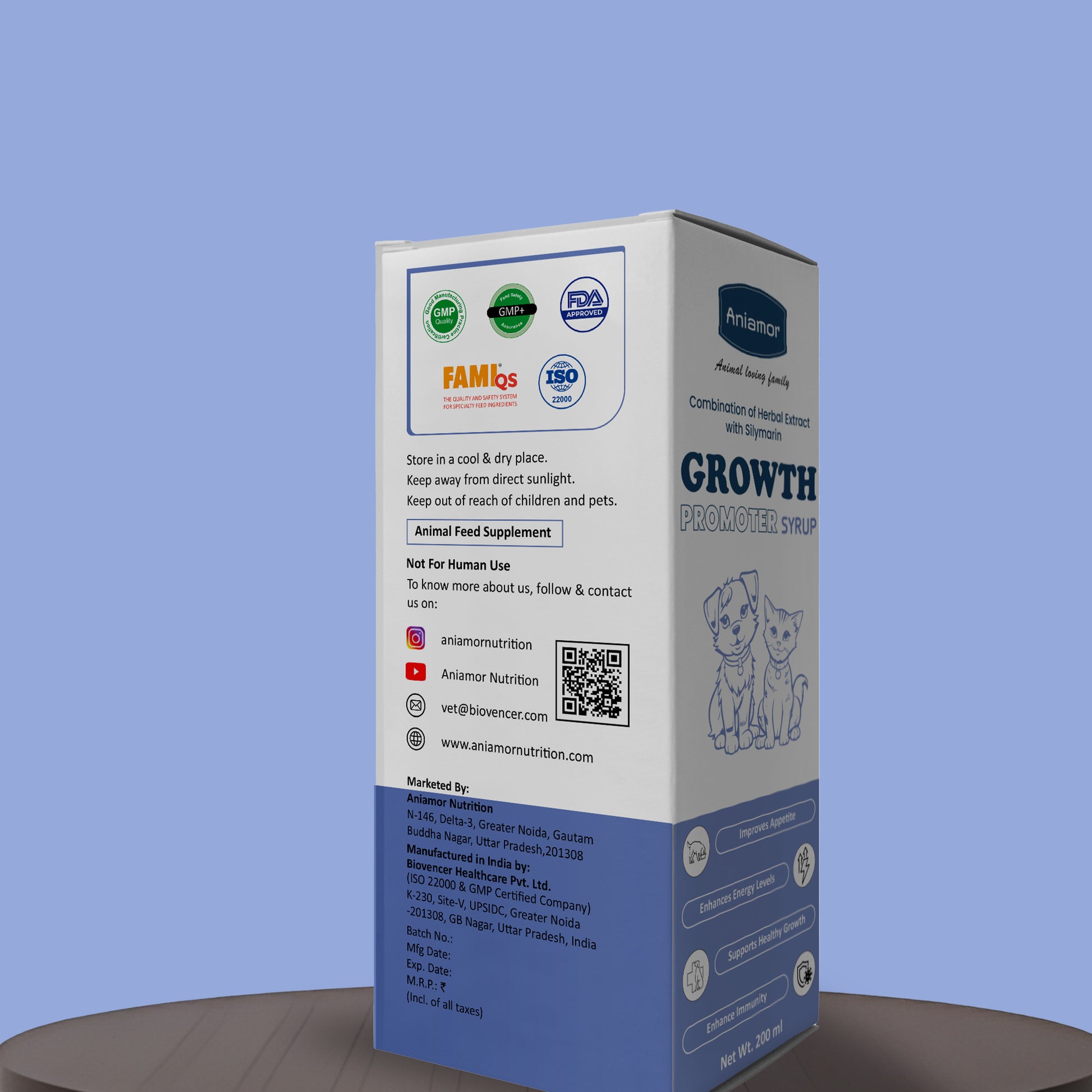 Growth promoter syrup for cats and dogs Aniamor certification