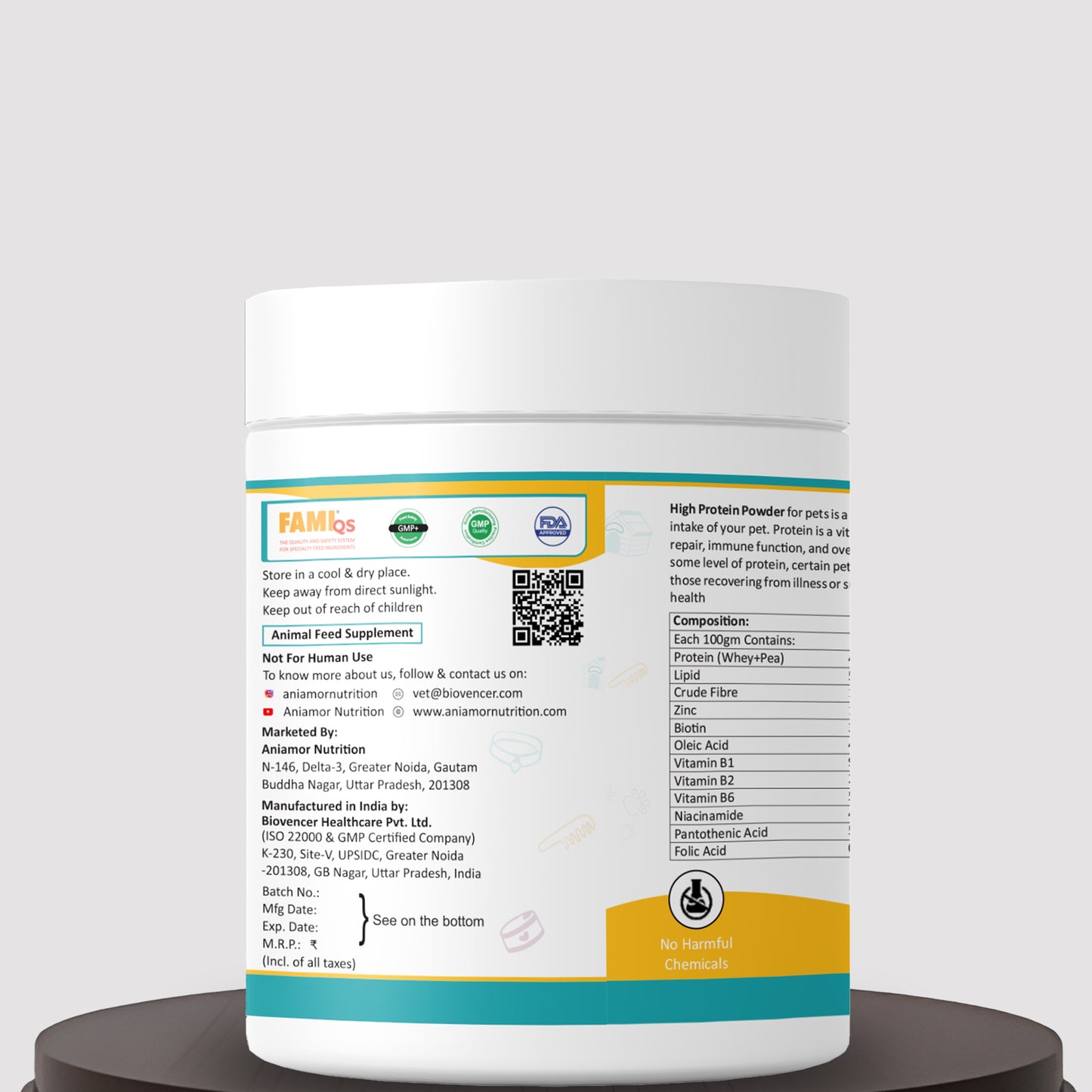 High protein powder Aniamor Certifications