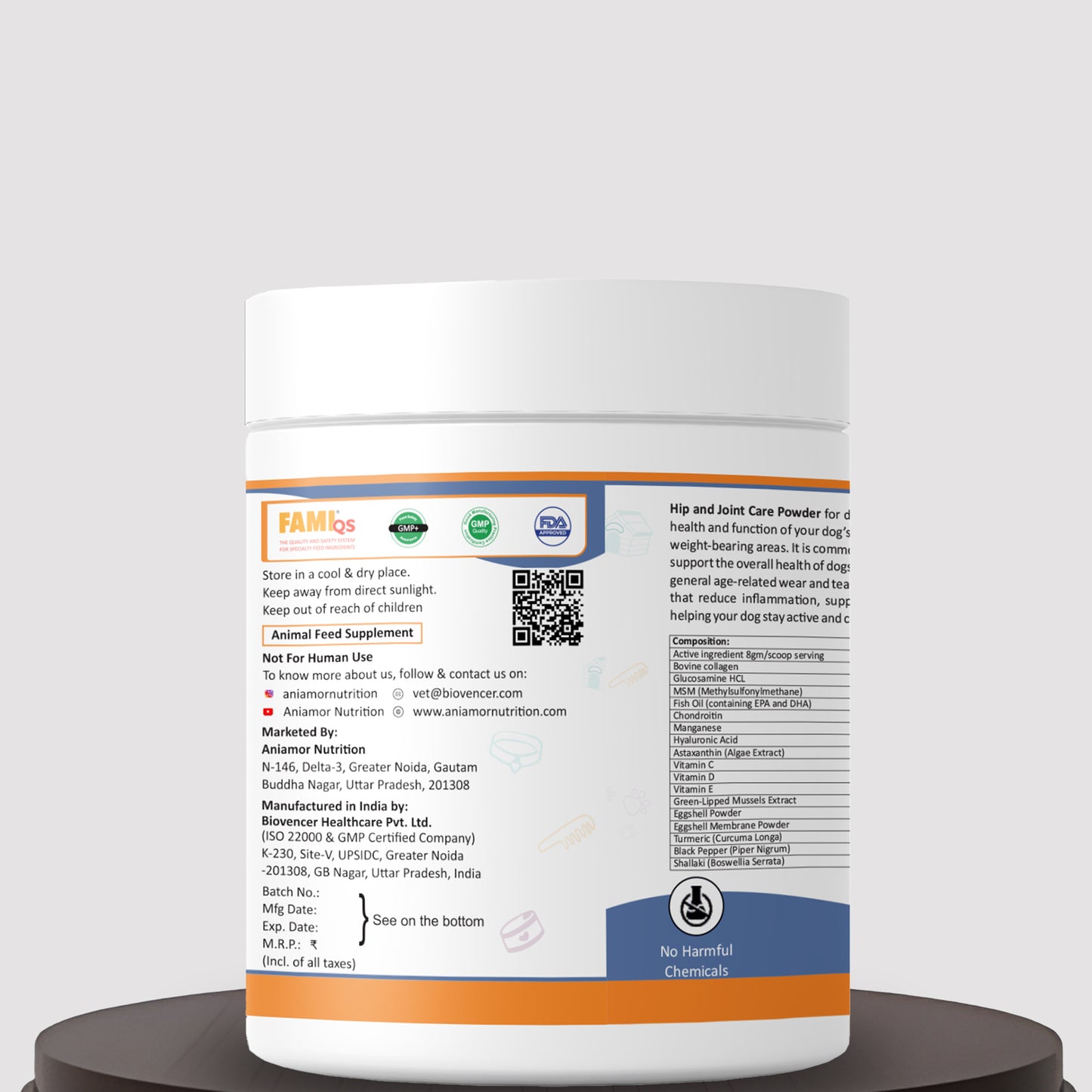 Hip and joint care powder ertificatons for pets
