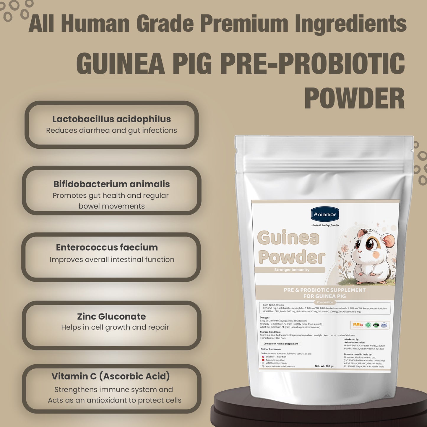 Guinea Pig Pre & Probiotic Powder | FOS, Inulin, Beta-Glucan, Vitamin C & Multi-Strain Probiotics | Strawberry Flavour | 200g Pouch