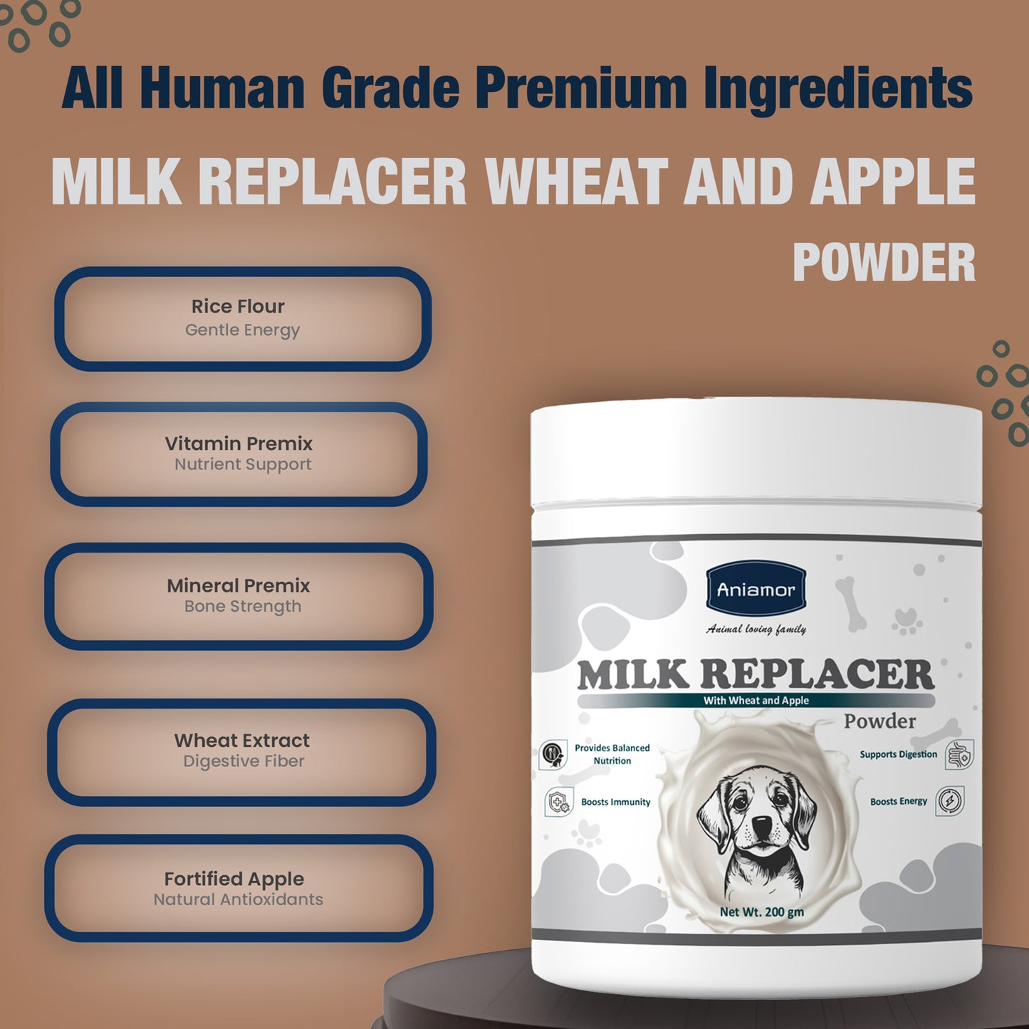 Milk replacer powder with wheat and apple Ingredients benefits