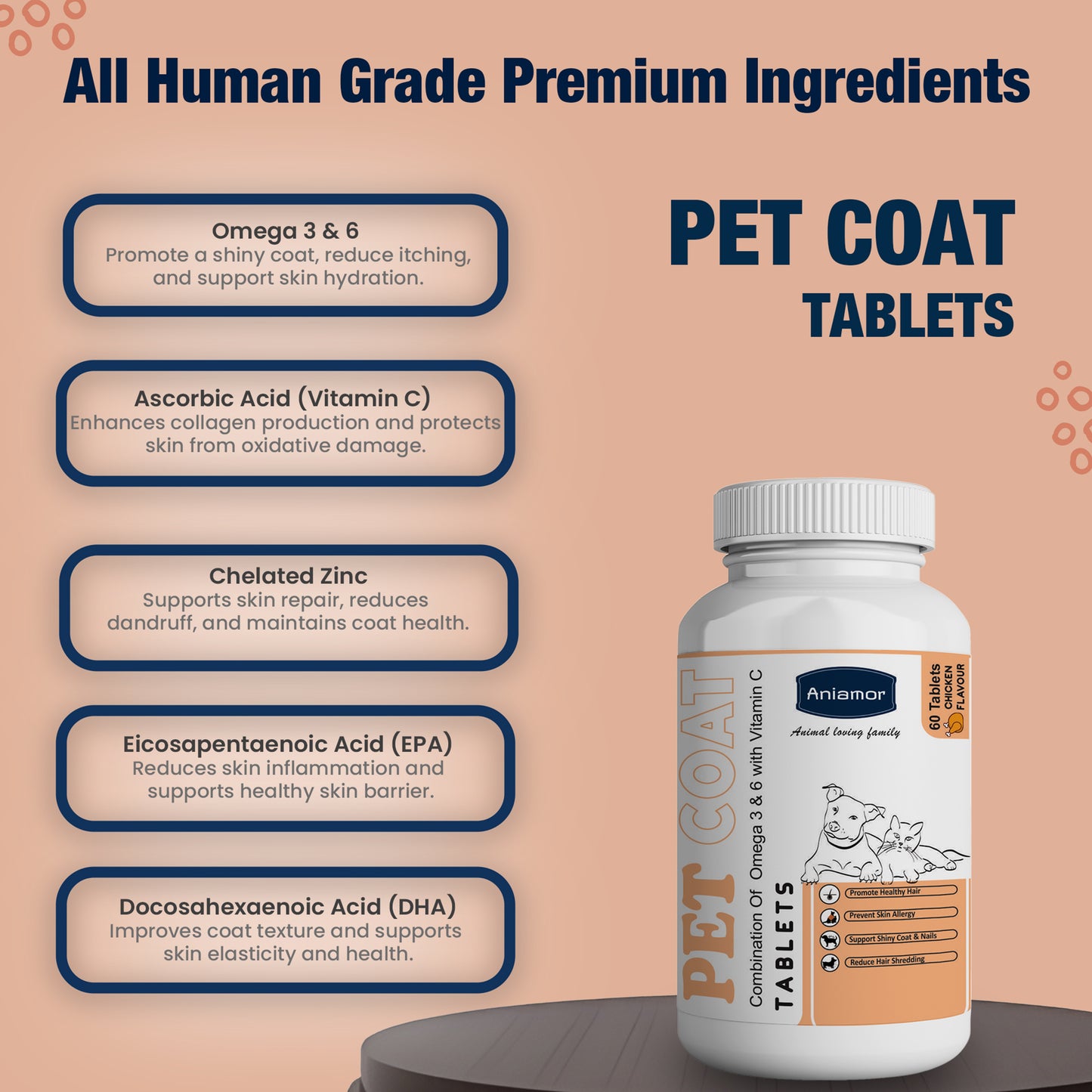 Pet Coat Tablets for Dog and Cat | Omega 3&6, Ascorbic acid, EPA,DHA | 60 Tablets