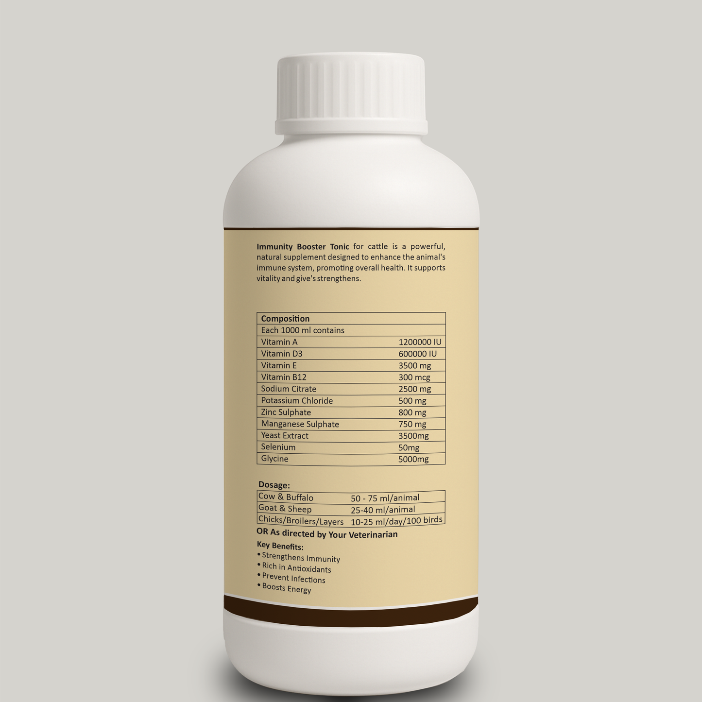 Aniamor Immunity Booster Tonic for Cattle | Vitamin A, Vitamin D3, Vitamin E, Vitamin B12, Sodium Citrate, Selenium | 1 Litre