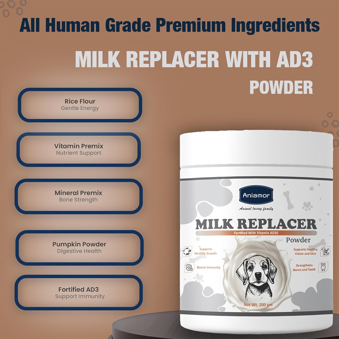 Milk Replacer Powder with Vitamin AD3E | Whey Protein Concentrate, Casein, Lactose, Vitamin A, MaltoDextrin | 200 gm Jar