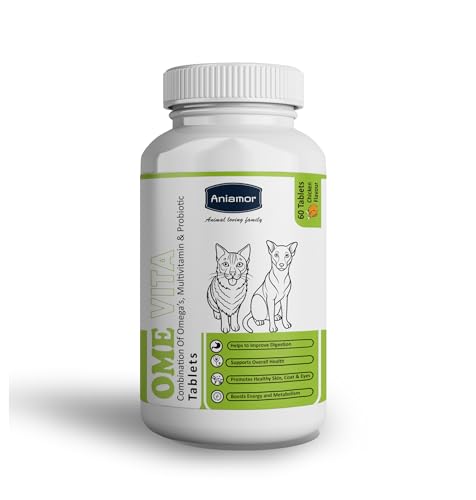 Aniamor Omegas Vita Tablets For Dogs and Cats|Omega ,Probiotic & Multi Vitamin Tablets| Skin and coat tablets Pets Supplement|All Life Stage|60 Tablets Bottle