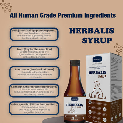 Herbalis Syrup for Dog and Cat | Sahajana ,Amla ,Ashwagandha , Kasni, Aloe vera | 200ml Bottle