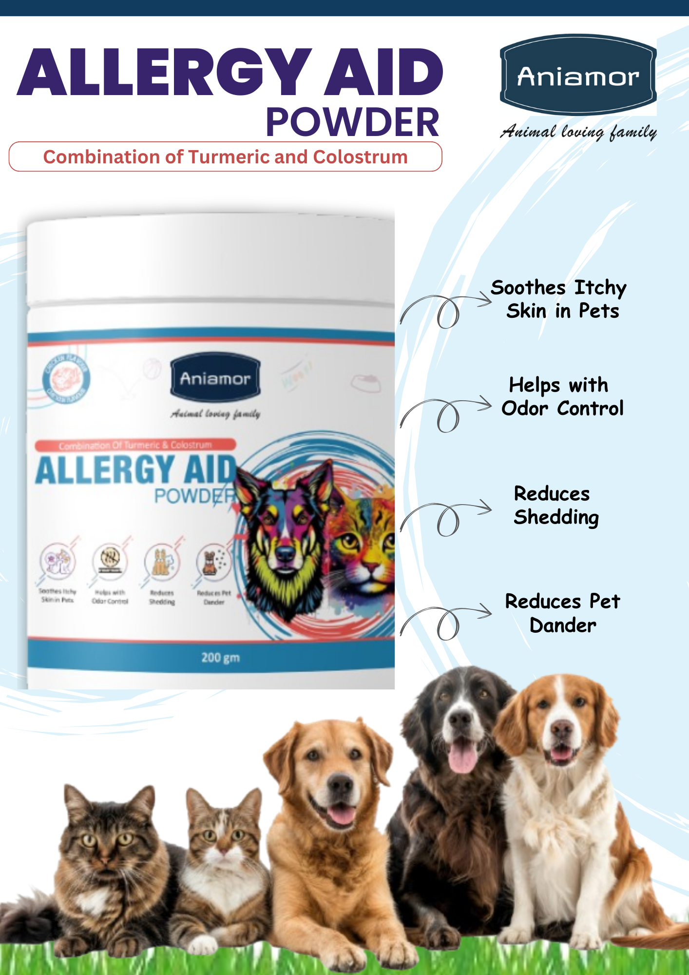 Aniamor Allergy Aid Powder For Dogs and Cats |Skin and Coat Care|Pets Supplement|All Life Stage|200gm Jar