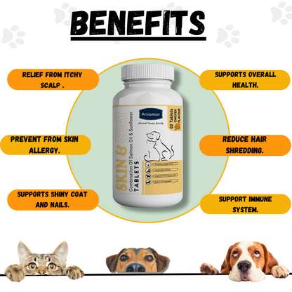 Skin And Coat Tablets for Dog & Cat-Aniamor | Omega 3&6 Tablets|60 Tablets