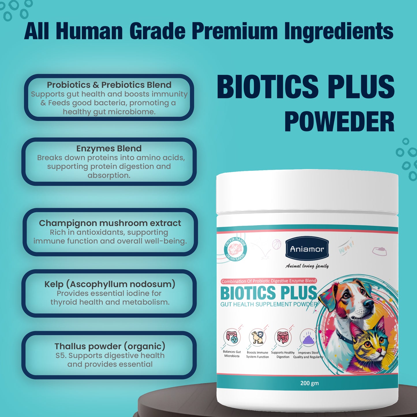 Biotics plus powder ingredients for pets