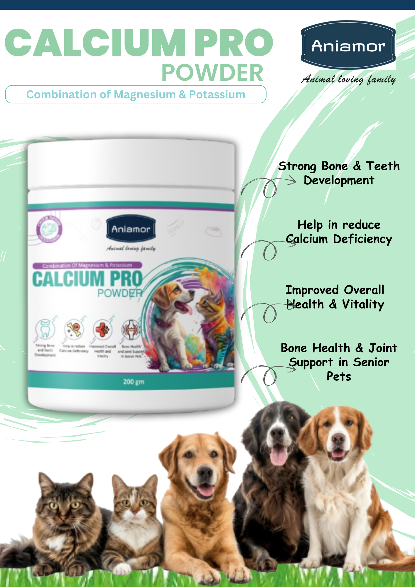 Aniamor Calcium Pro Powder For Dogs and Cats| Bone and Joint Powder| Pets Supplement|All Life Stage|200gm Jar