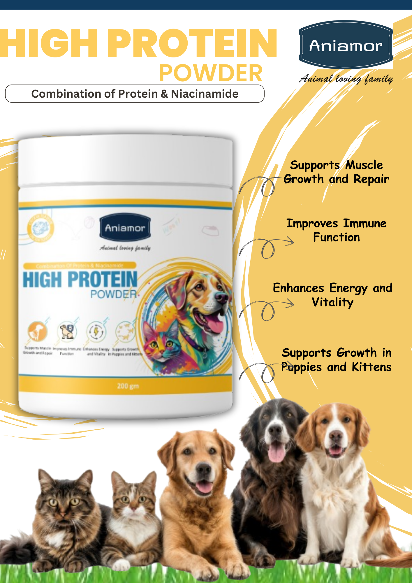 Aniamor High Protein Powder For Dogs and Cats||Weight Management|Pets Supplement|All Life Stage|200gm Jar