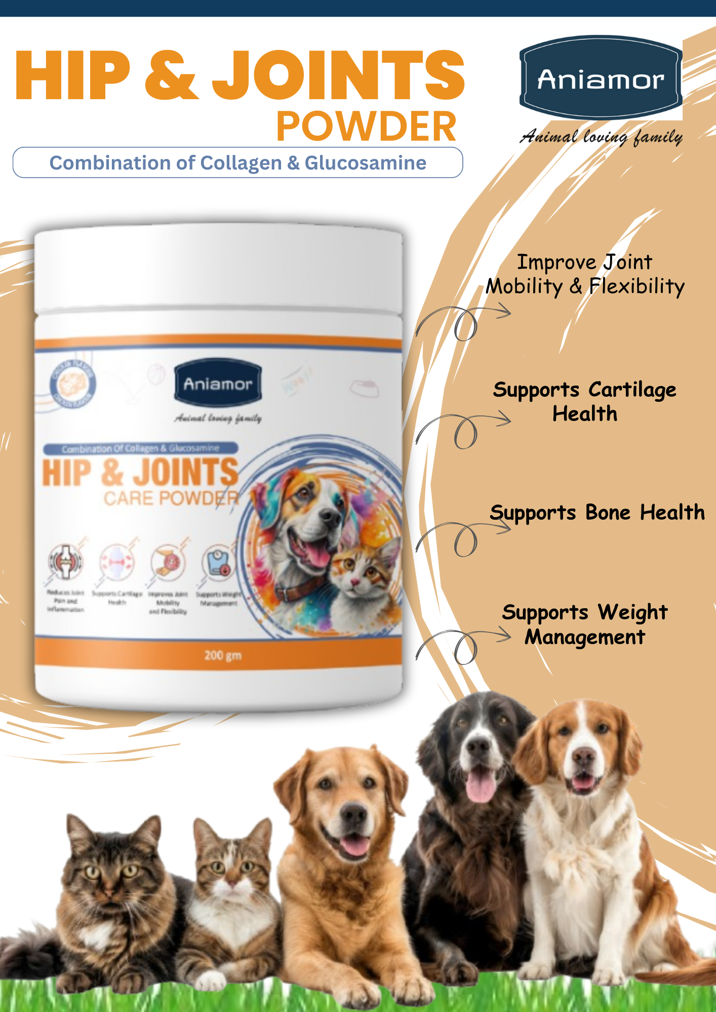 Aniamor Hip and Joint care Powder For Dogs and Cats|Joint Care|Hip Care|Pets Supplement|Collagen with Glucosamine|All Life Stage|200gm J