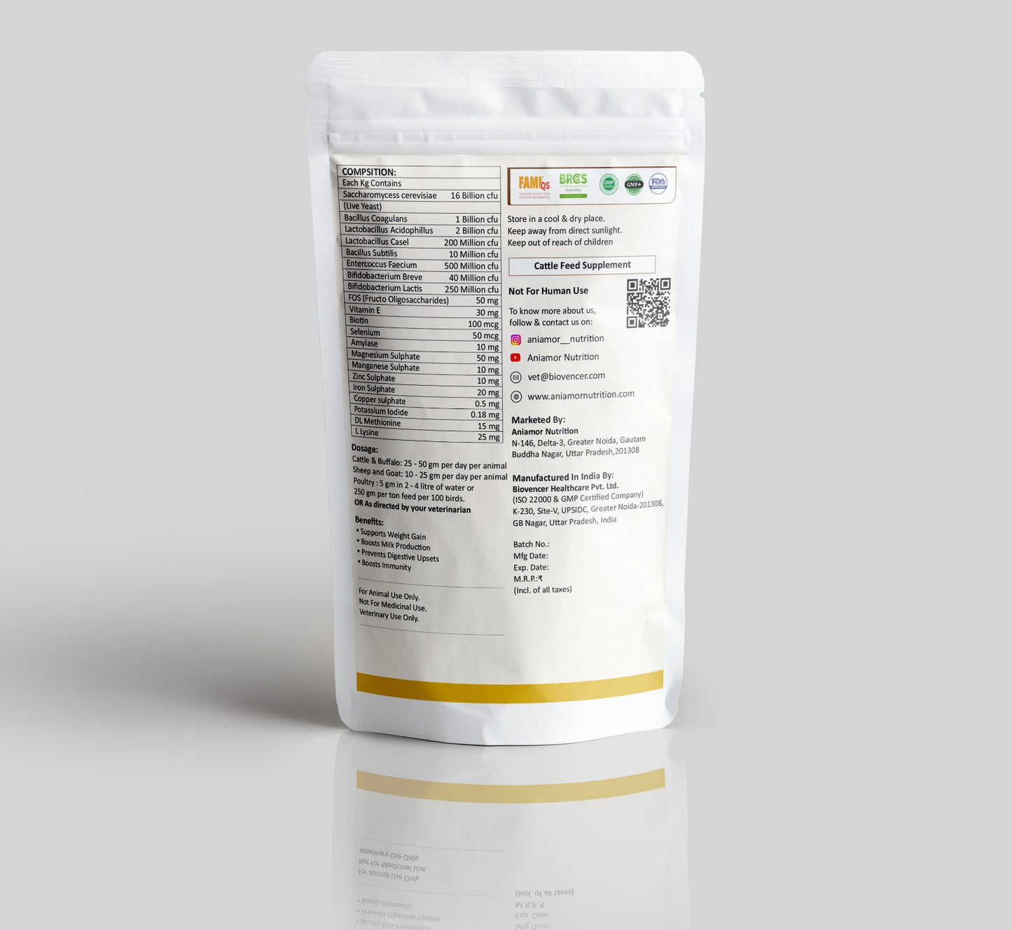 Cattle Pre & Probiotic Powder with Yeast & Enzymes | Support Gut Health, Enhance Digestion and Nutrient Absorption | Cattle Feed Supplement | 1 Kg Pouch
