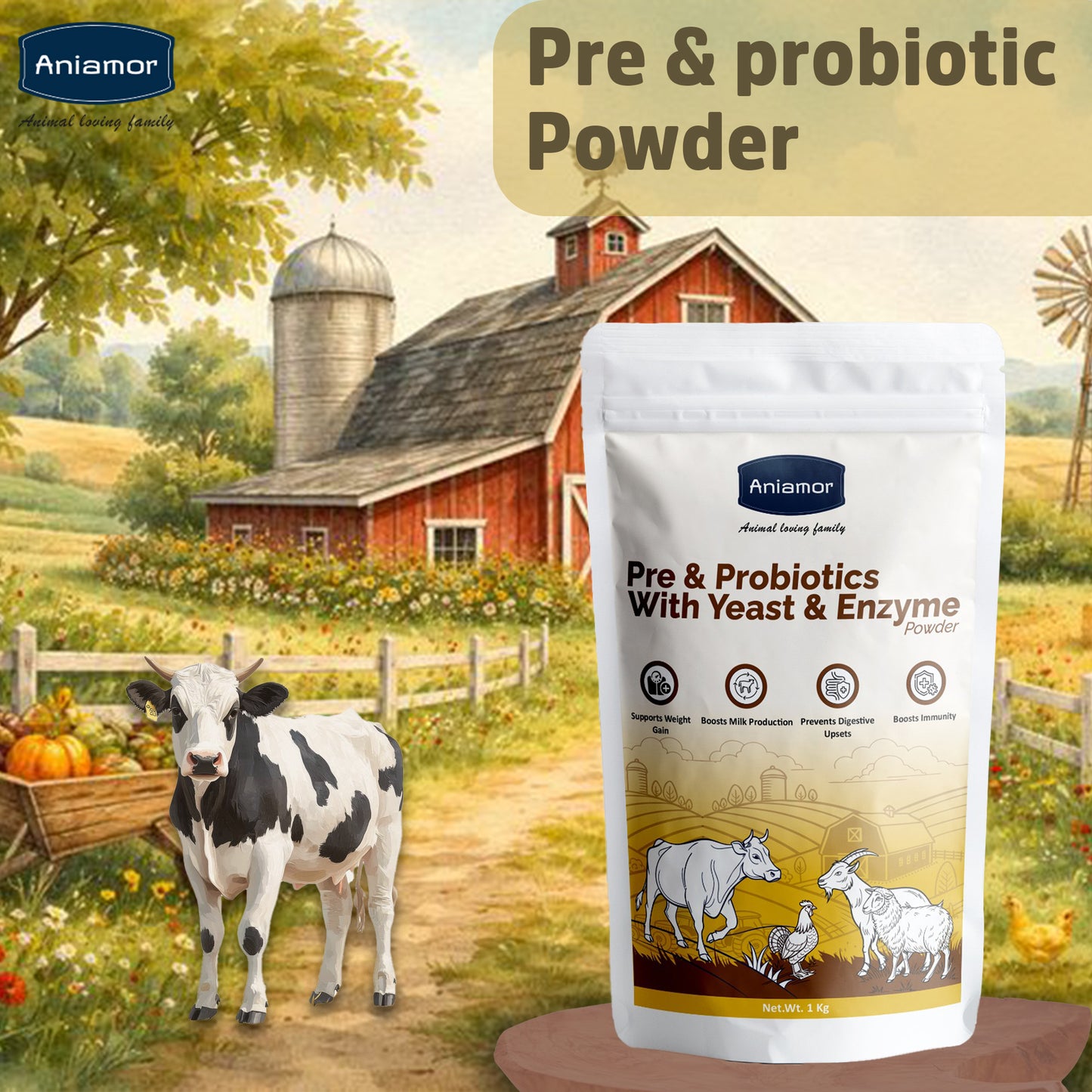 Cattle Pre & Probiotic Powder with Yeast & Enzymes | Support Gut Health, Enhance Digestion and Nutrient Absorption | Cattle Feed Supplement | 1 Kg Pouch