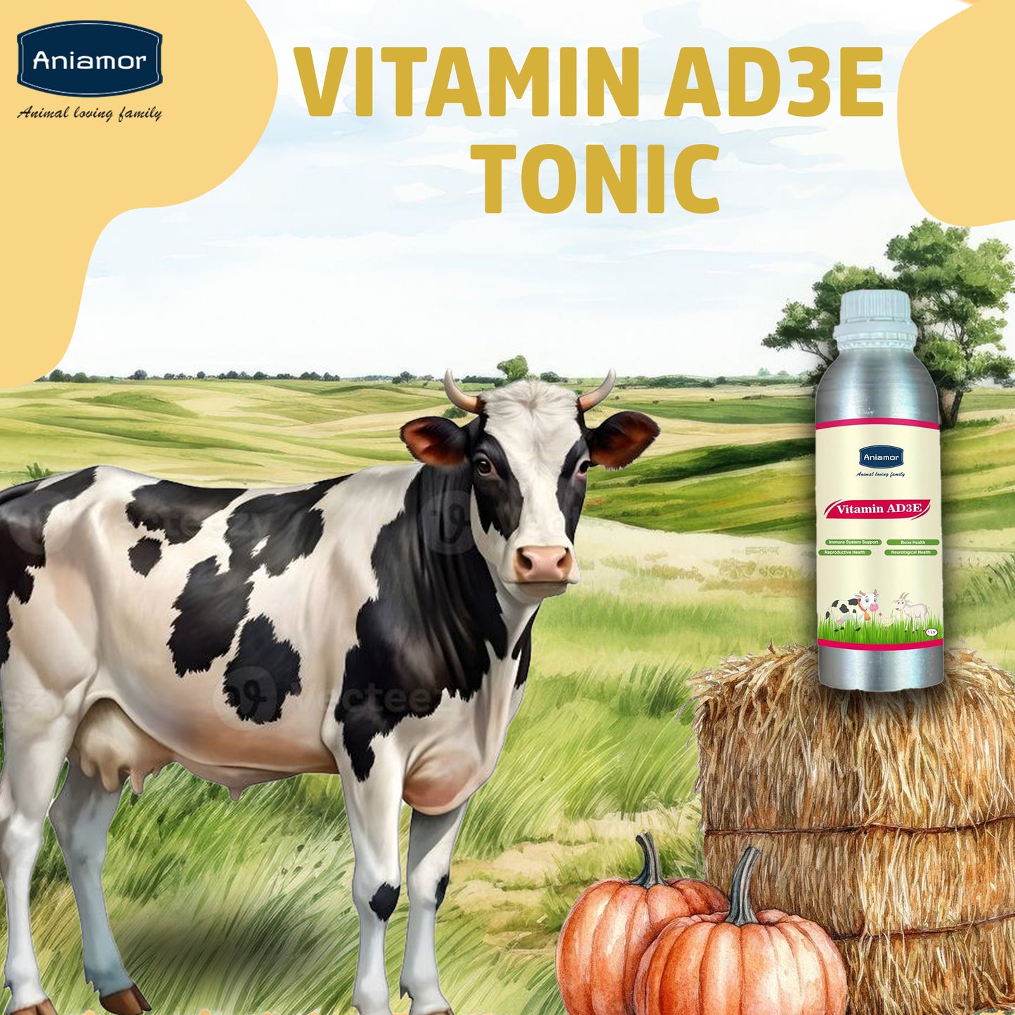 Aniamor Vitamin AD3E Tonic for Cattle | Vitamin A, Vitamin D3, Vitamin E, Biotin, Vitamin C | 1 Litre | All life Stage