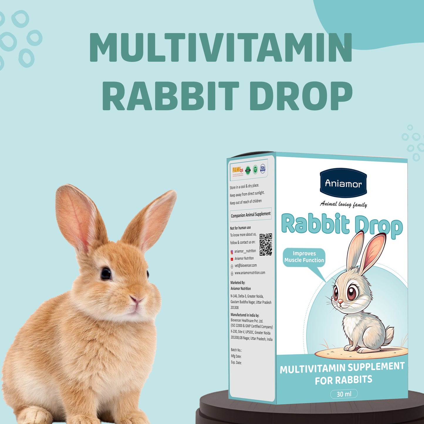 Multivitamin Drop for Rabbit | Vitamin A  Biotin Niacinamide with Choline Cloride | 30 ml Bottle