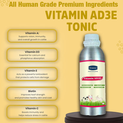 Aniamor Vitamin AD3E Tonic for Cattle | Vitamin A, Vitamin D3, Vitamin E, Biotin, Vitamin C | 1 Litre | All life Stage