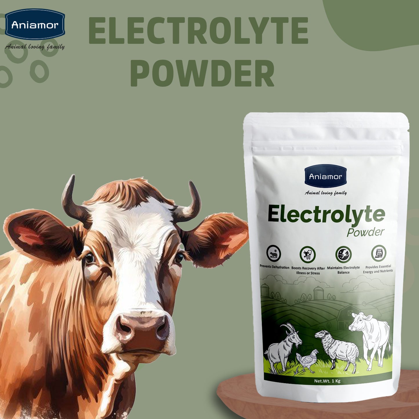 Electrolyte Powder for cattle-Aniamor| Dietary Supplement for Cattle| 1kg
