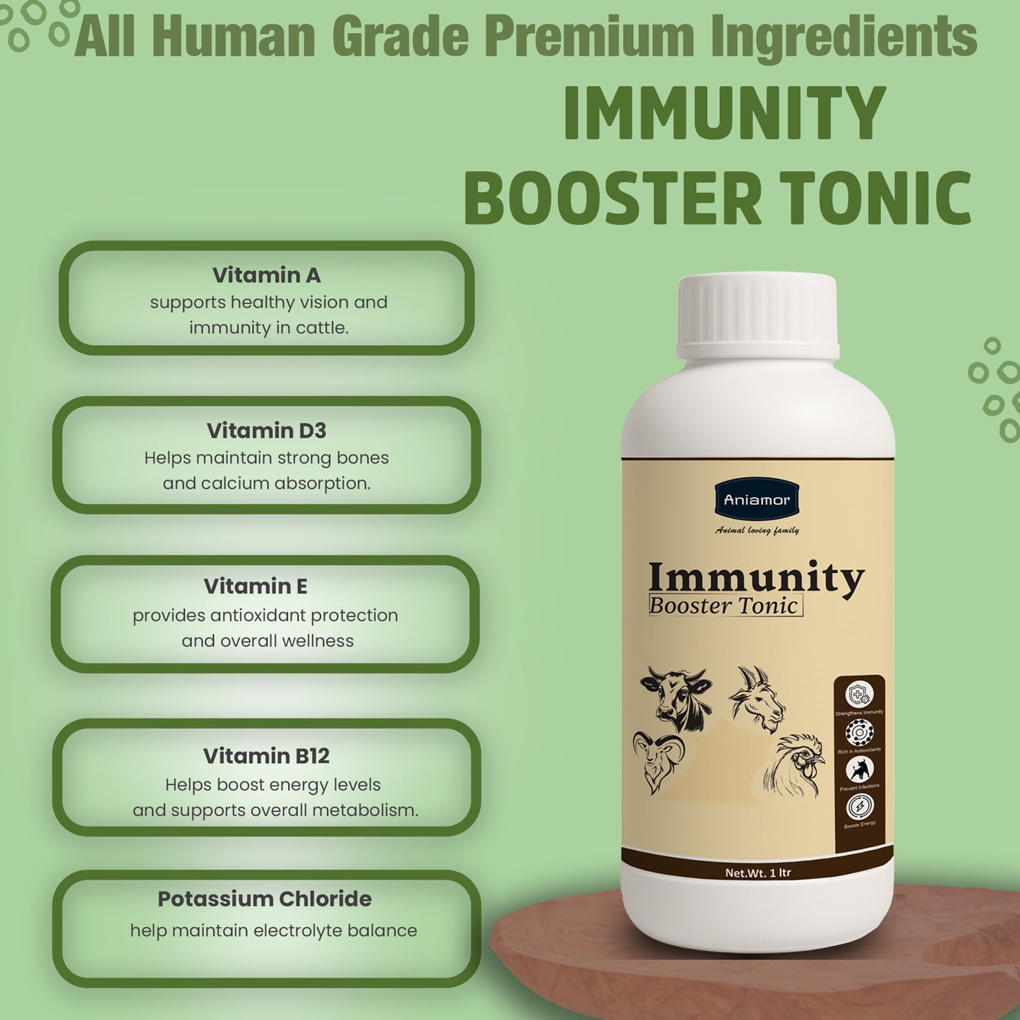 Aniamor Immunity Booster Tonic for Cattle | Vitamin A, Vitamin D3, Vitamin E, Vitamin B12, Sodium Citrate, Selenium | 1 Litre