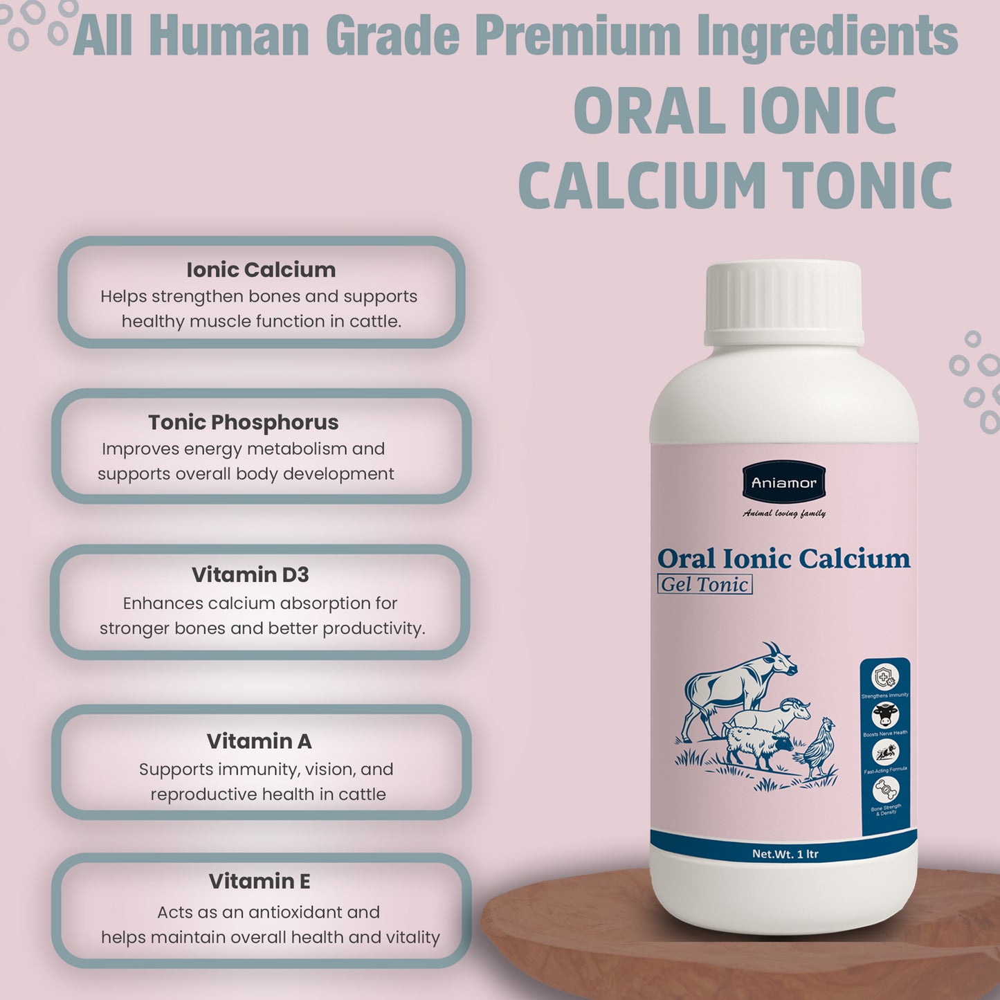 Aniamor Cattle Oral Ionic Calcium gel | Calcium, Trichosanthes, Vidarikanda, Safed musli, Shatavari, Ashwagandha, Pueraria mirifica, Vitamin B12 | 1 Litre