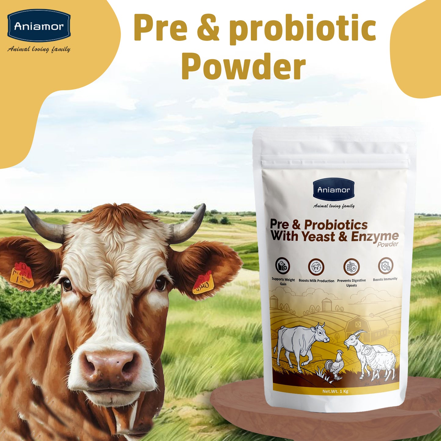 Cattle Pre & Probiotic Powder with Yeast & Enzymes | Support Gut Health, Enhance Digestion and Nutrient Absorption | Cattle Feed Supplement | 1 Kg Pouch