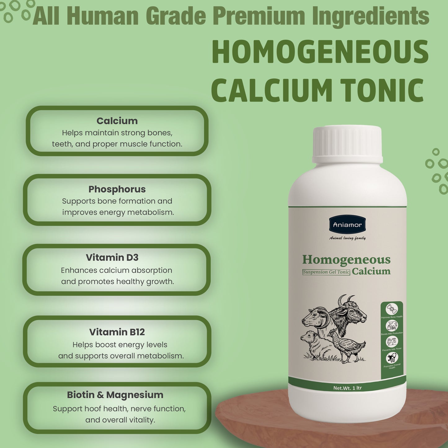 Aniamor Cattle Calcium Suspension | Calcium, Phosphorus, Biotin, Citric Acid, Ferrous, Vitamin B12, Manganese | 1 Litre | All Life Stages