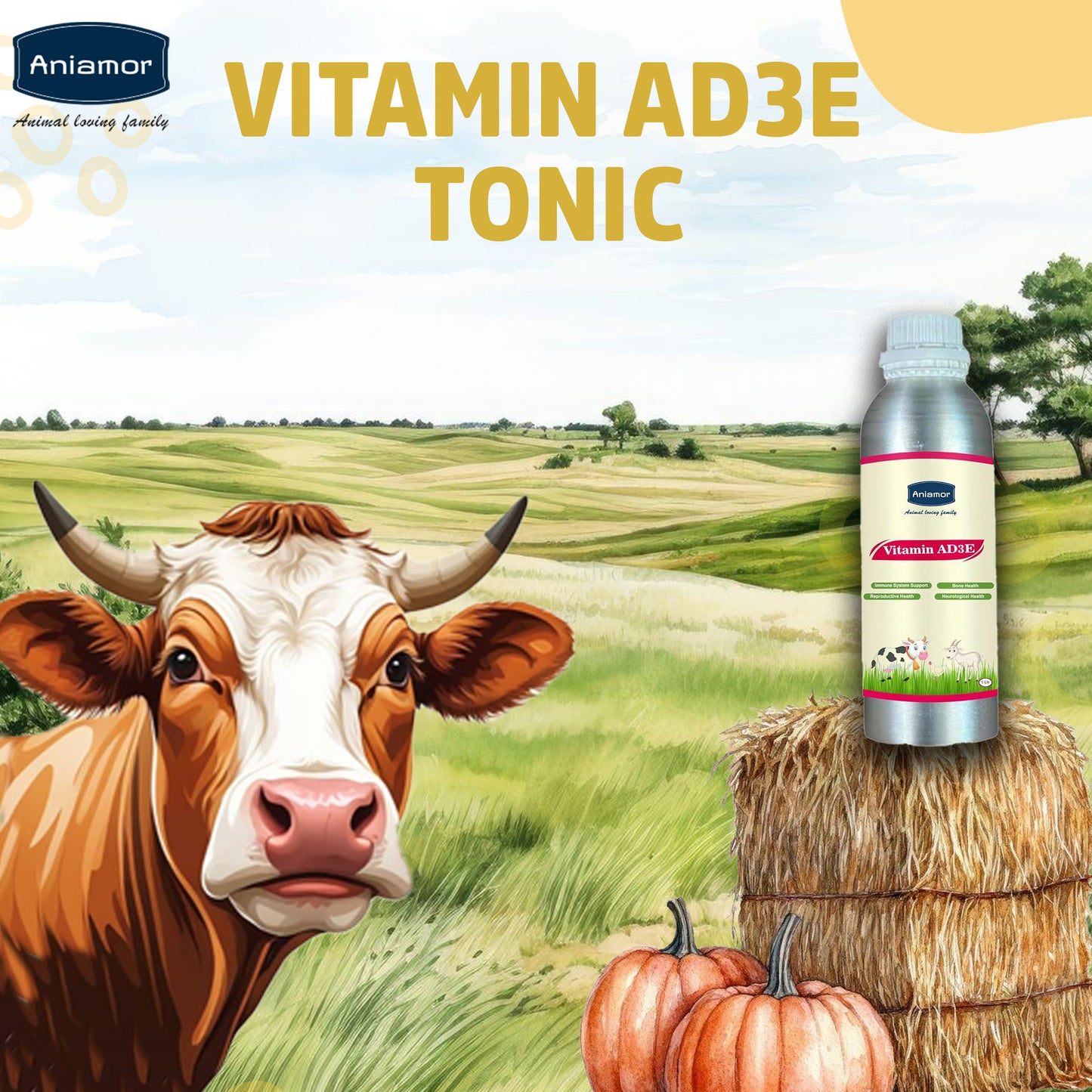 Aniamor Vitamin AD3E Tonic for Cattle | Vitamin A, Vitamin D3, Vitamin E, Biotin, Vitamin C | 1 Litre | All life Stage