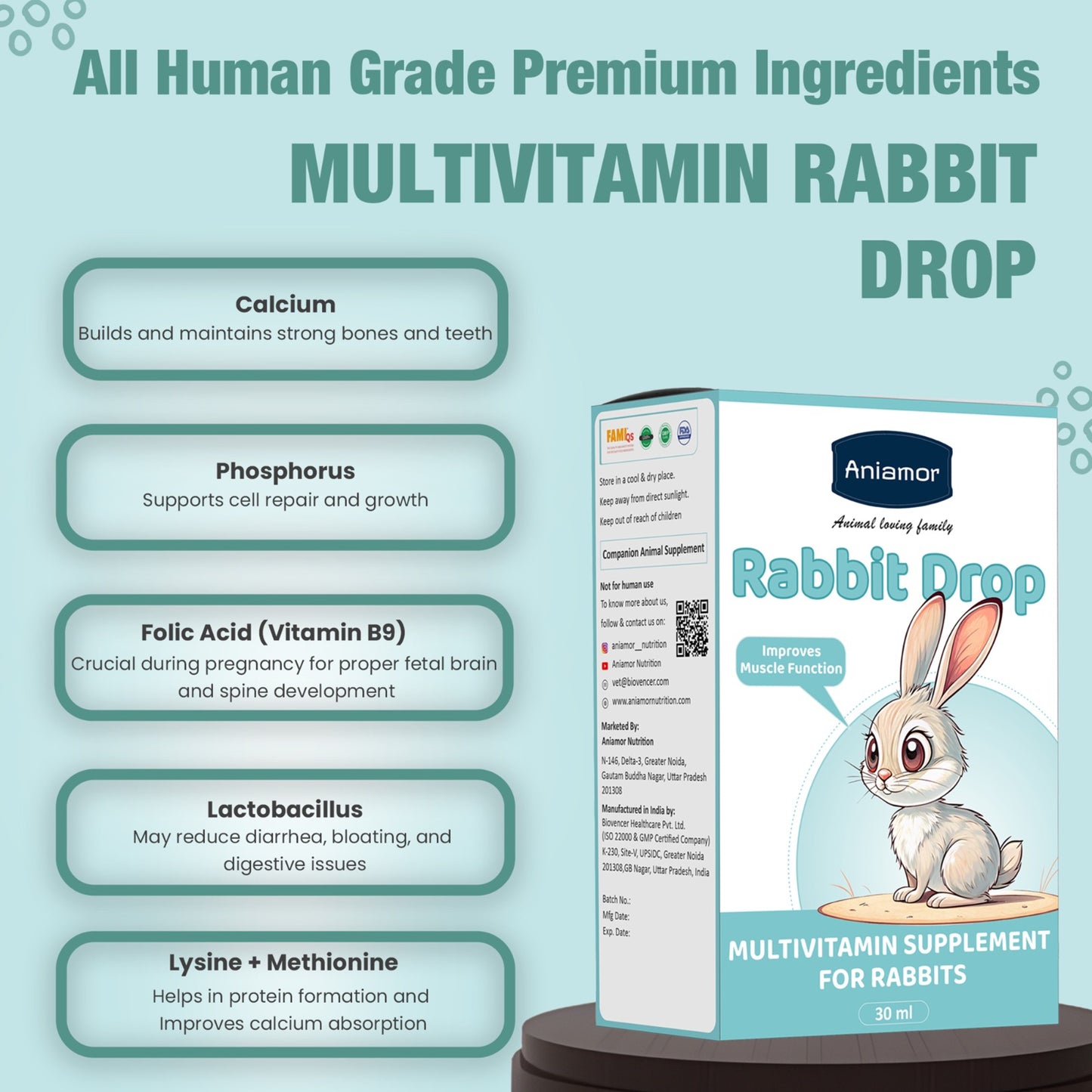 Multivitamin Drop for Rabbit | Vitamin A  Biotin Niacinamide with Choline Cloride | 30 ml Bottle