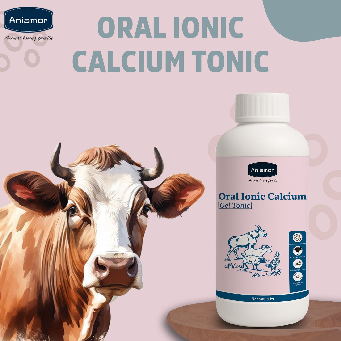Aniamor Cattle Oral Ionic Calcium gel | Calcium, Trichosanthes, Vidarikanda, Safed musli, Shatavari, Ashwagandha, Pueraria mirifica, Vitamin B12 | 1 Litre