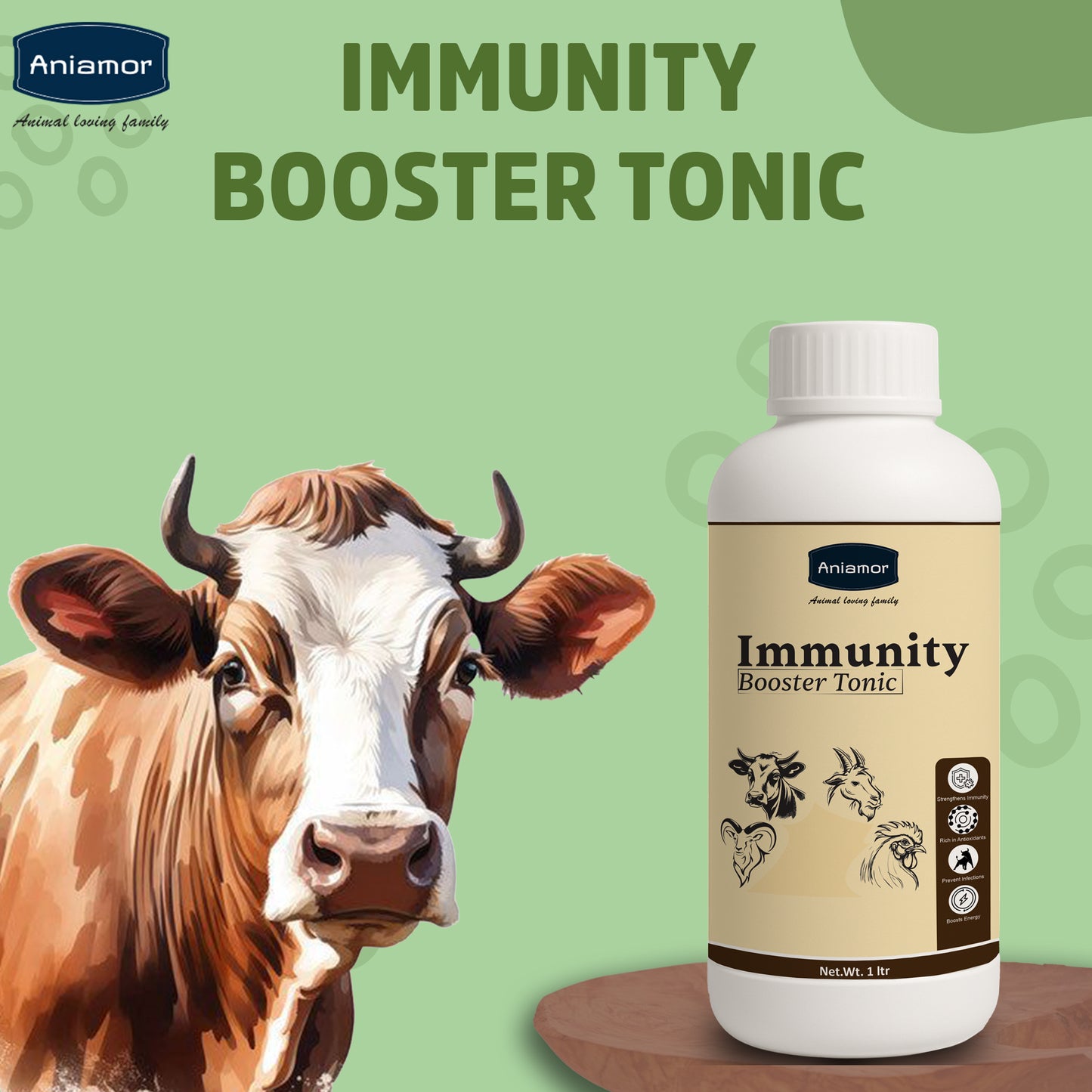 Aniamor Immunity Booster Tonic for Cattle | Vitamin A, Vitamin D3, Vitamin E, Vitamin B12, Sodium Citrate, Selenium | 1 Litre