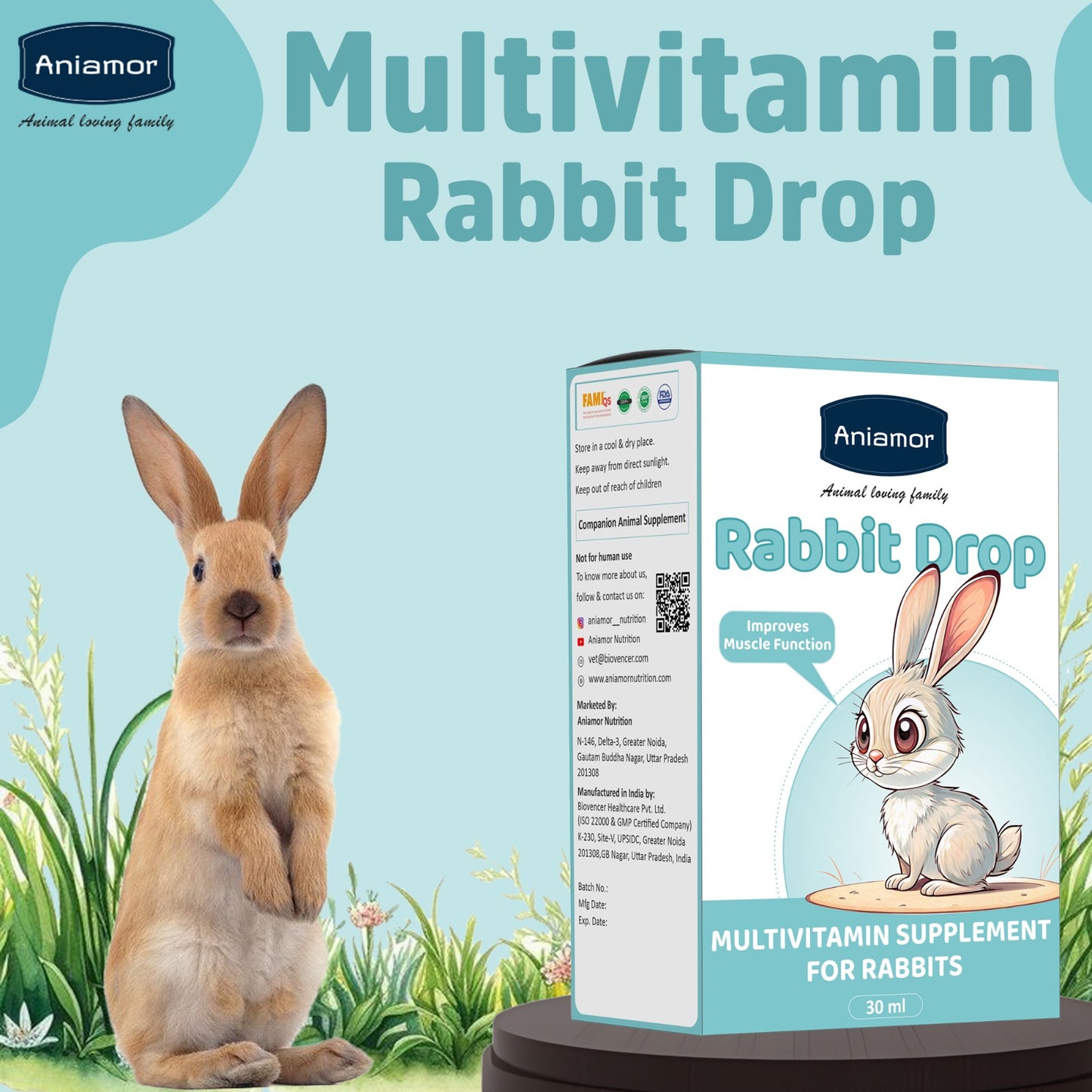 Multivitamin Drop for Rabbit | Vitamin A  Biotin Niacinamide with Choline Cloride | 30 ml Bottle