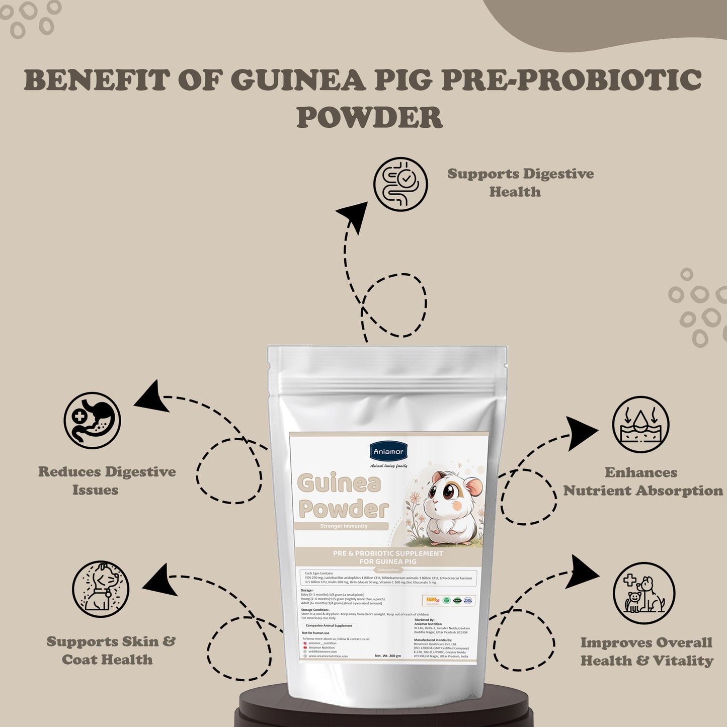 Guinea Pig Pre & Probiotic Powder | FOS, Inulin, Beta-Glucan, Vitamin C & Multi-Strain Probiotics | Strawberry Flavour | 200g Pouch
