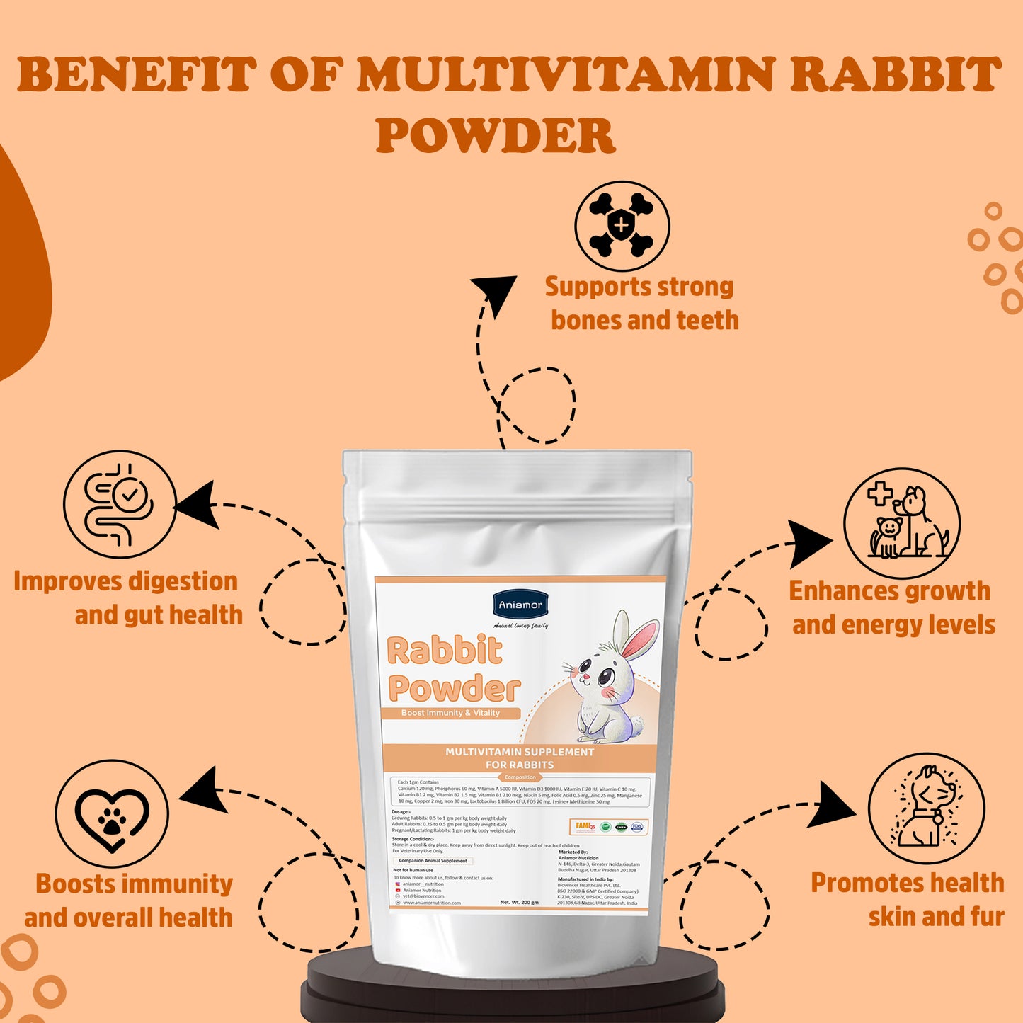 Bunny Overall Vital Powder | Calcium Phosphorus Vitamin A Vitamin D3 Vitamin E Vitamin C with Lactobacillus | 200 gm