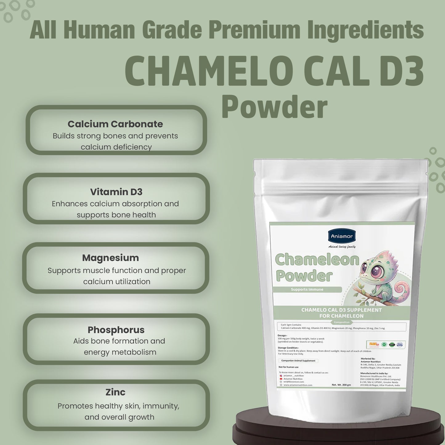 Aniamor Chamelo Cal D3 – Multimineral Supplement for Strong Bones & Growth – 200 gm