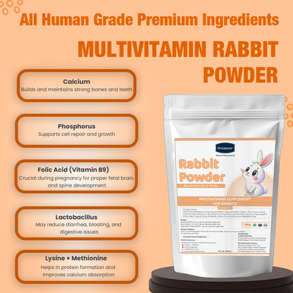 Bunny Overall Vital Powder | Calcium Phosphorus Vitamin A Vitamin D3 Vitamin E Vitamin C with Lactobacillus | 200 gm