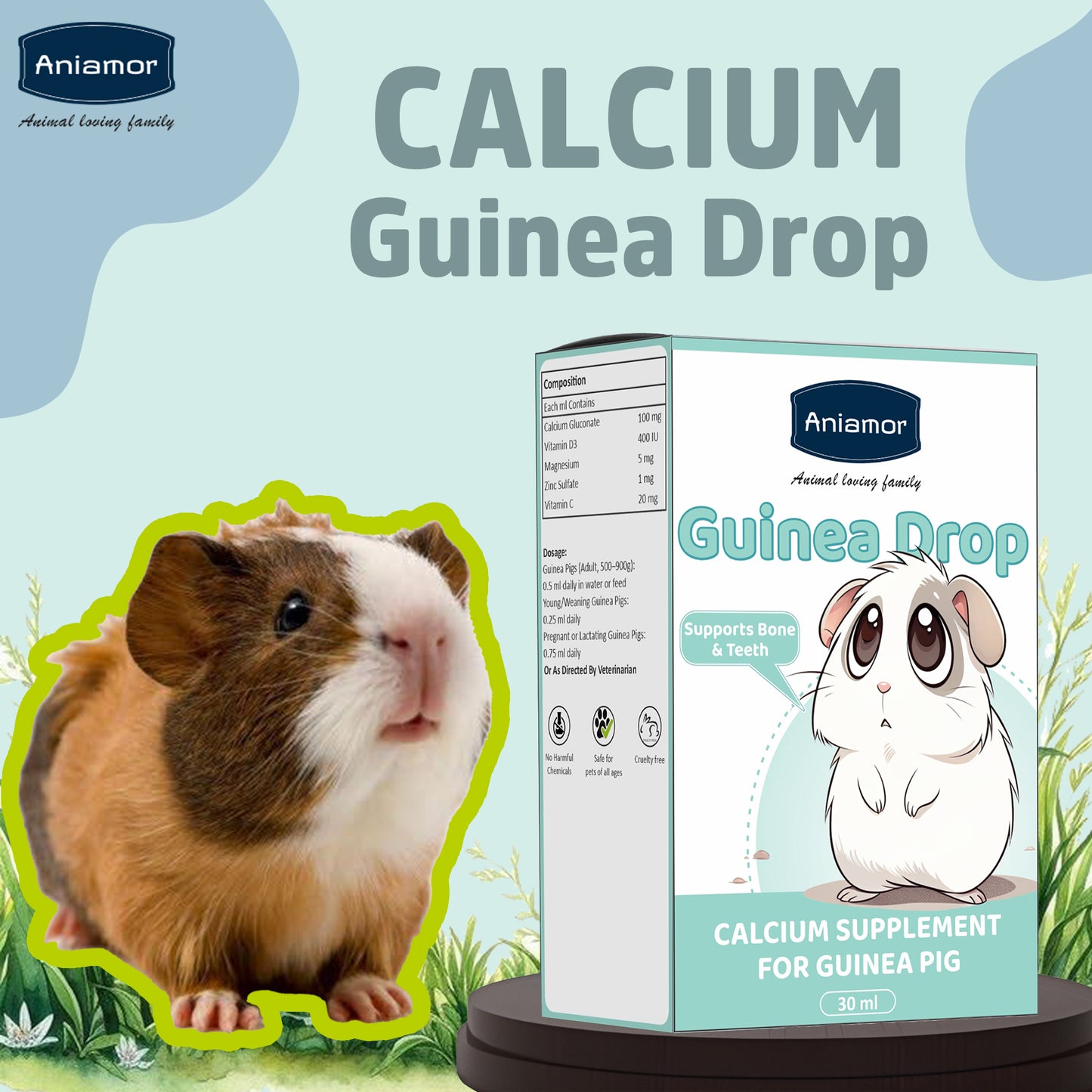 Calcium Drop for Guinea Pig | Calcium Gluconate with Vitamin D3, Magnesium & Vitamin C | 30 ml Bottle