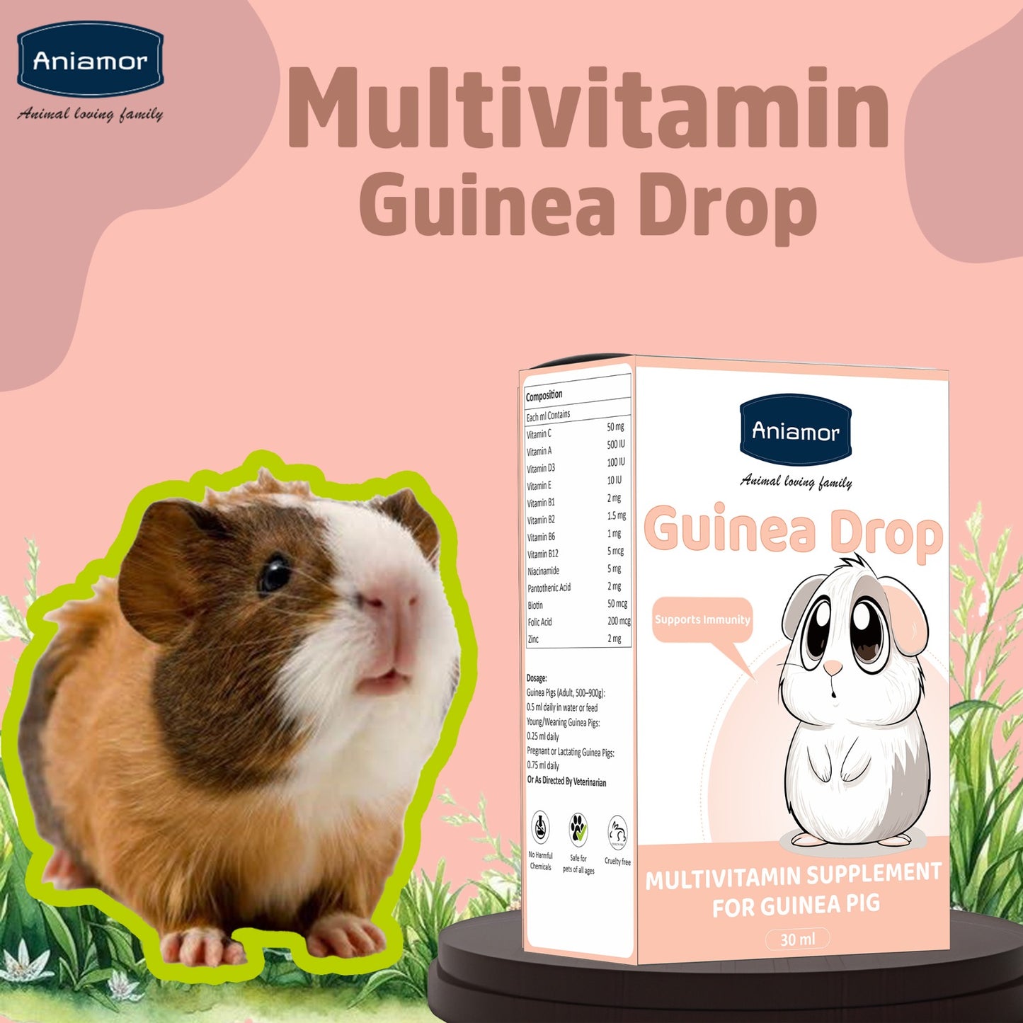 Guinea Pig Multivitamin Drops | Vitamin C, Vitamin A, Vitamin D3, Vitamin E, B-Complex & Zinc | 30 ml