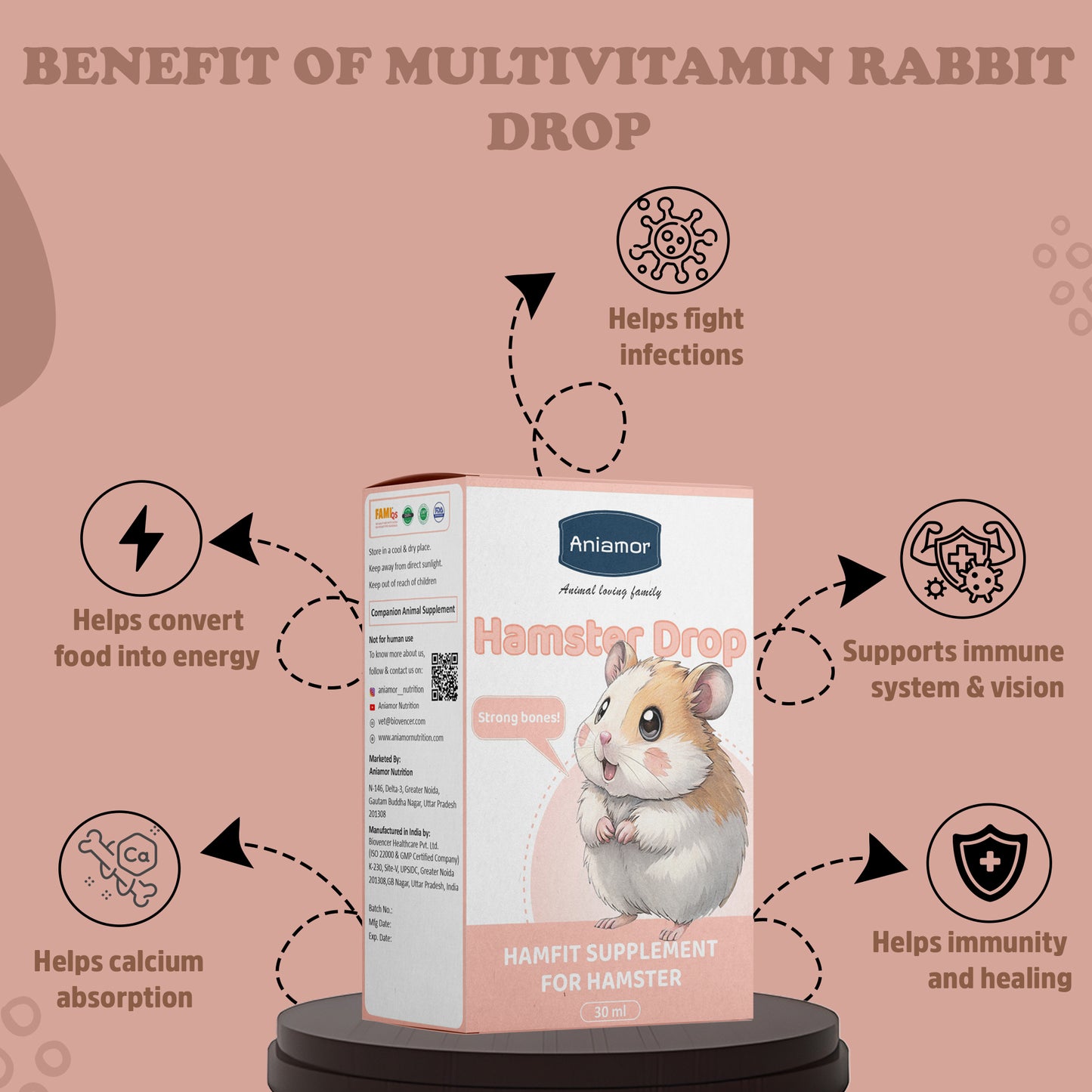 HamFit Drop for Hamsters | Multivitamin & Calcium Supplement with Taurine | 30 ml Bottle