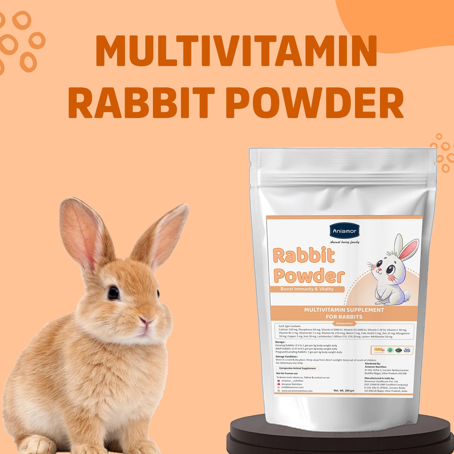 Bunny Overall Vital Powder | Calcium Phosphorus Vitamin A Vitamin D3 Vitamin E Vitamin C with Lactobacillus | 200 gm