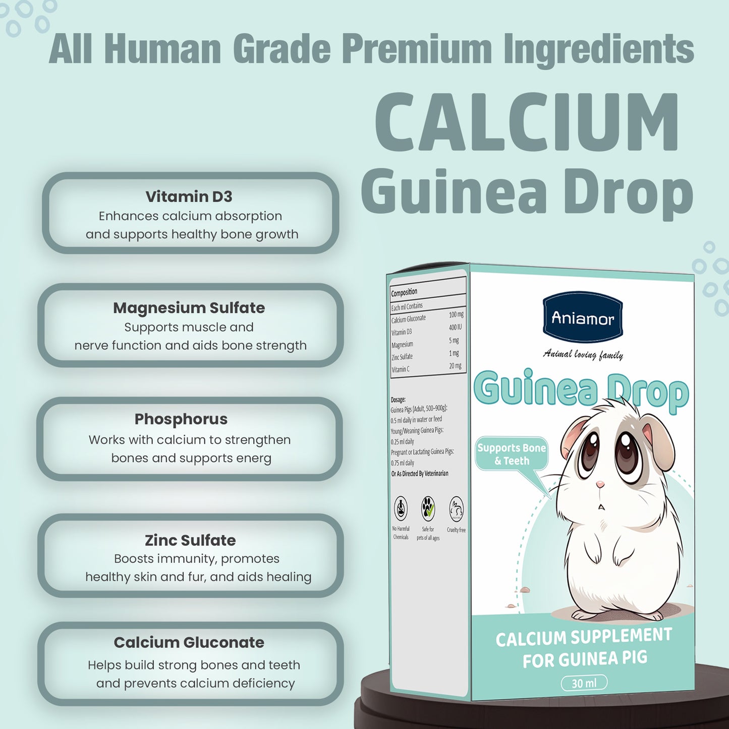 Calcium Drop for Guinea Pig | Calcium Gluconate with Vitamin D3, Magnesium & Vitamin C | 30 ml Bottle