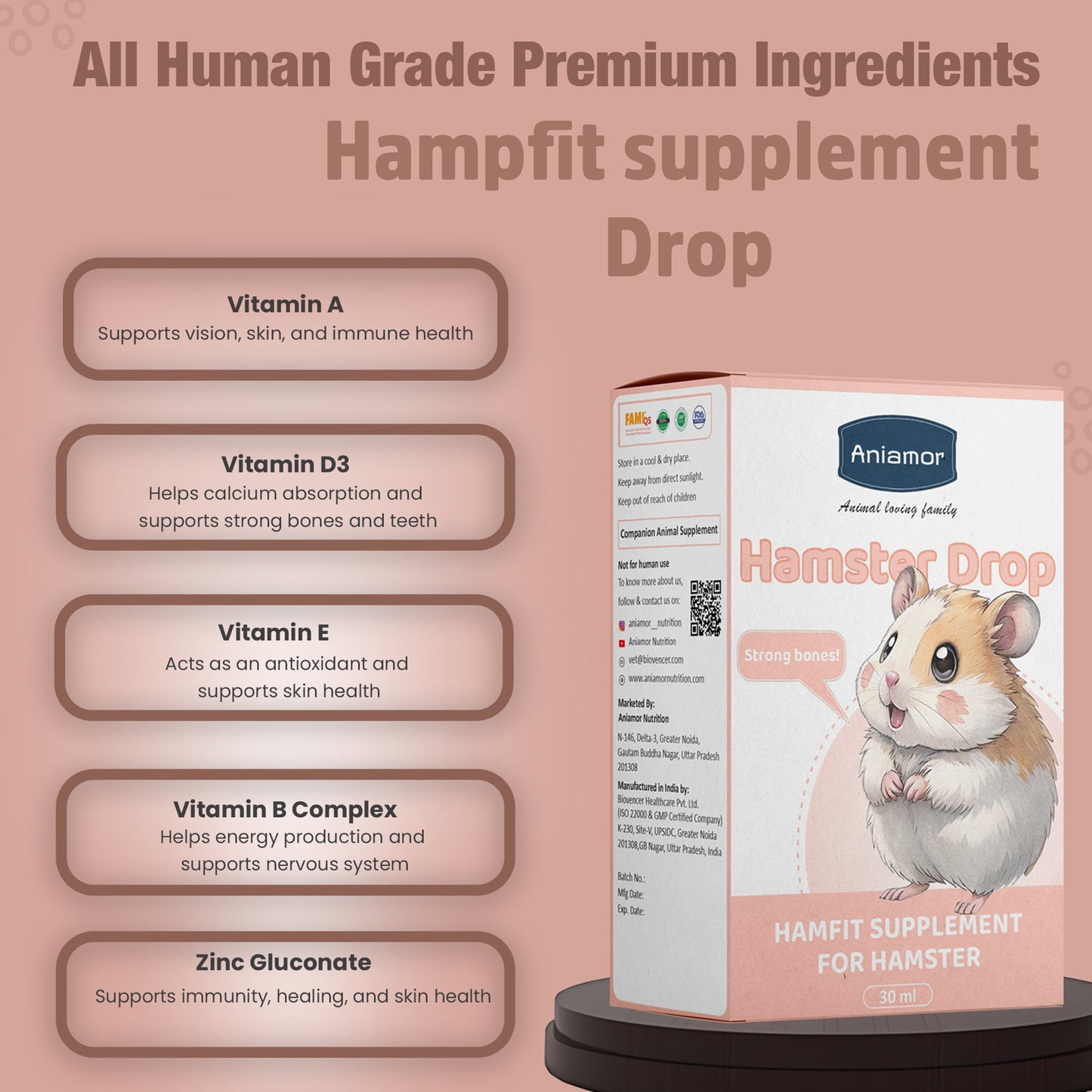 HamFit Drop for Hamsters | Multivitamin & Calcium Supplement with Taurine | 30 ml Bottle