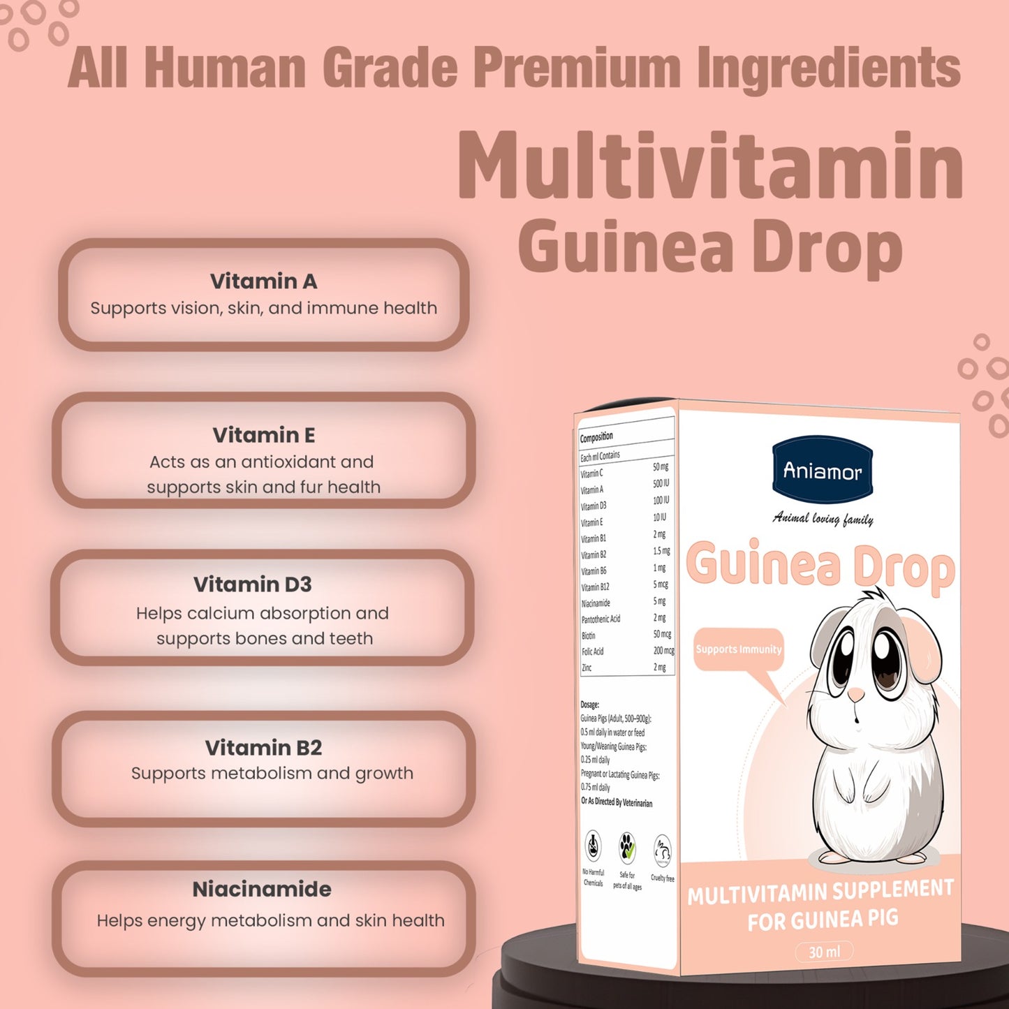 Guinea Pig Multivitamin Drops | Vitamin C, Vitamin A, Vitamin D3, Vitamin E, B-Complex & Zinc | 30 ml