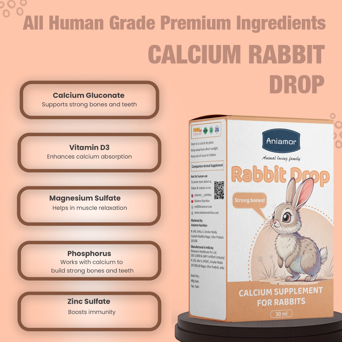 Calcium Drop for Rabbit | Calcium Gluconate,Vitamin D3 with Magnesium | 30 ml Bottle