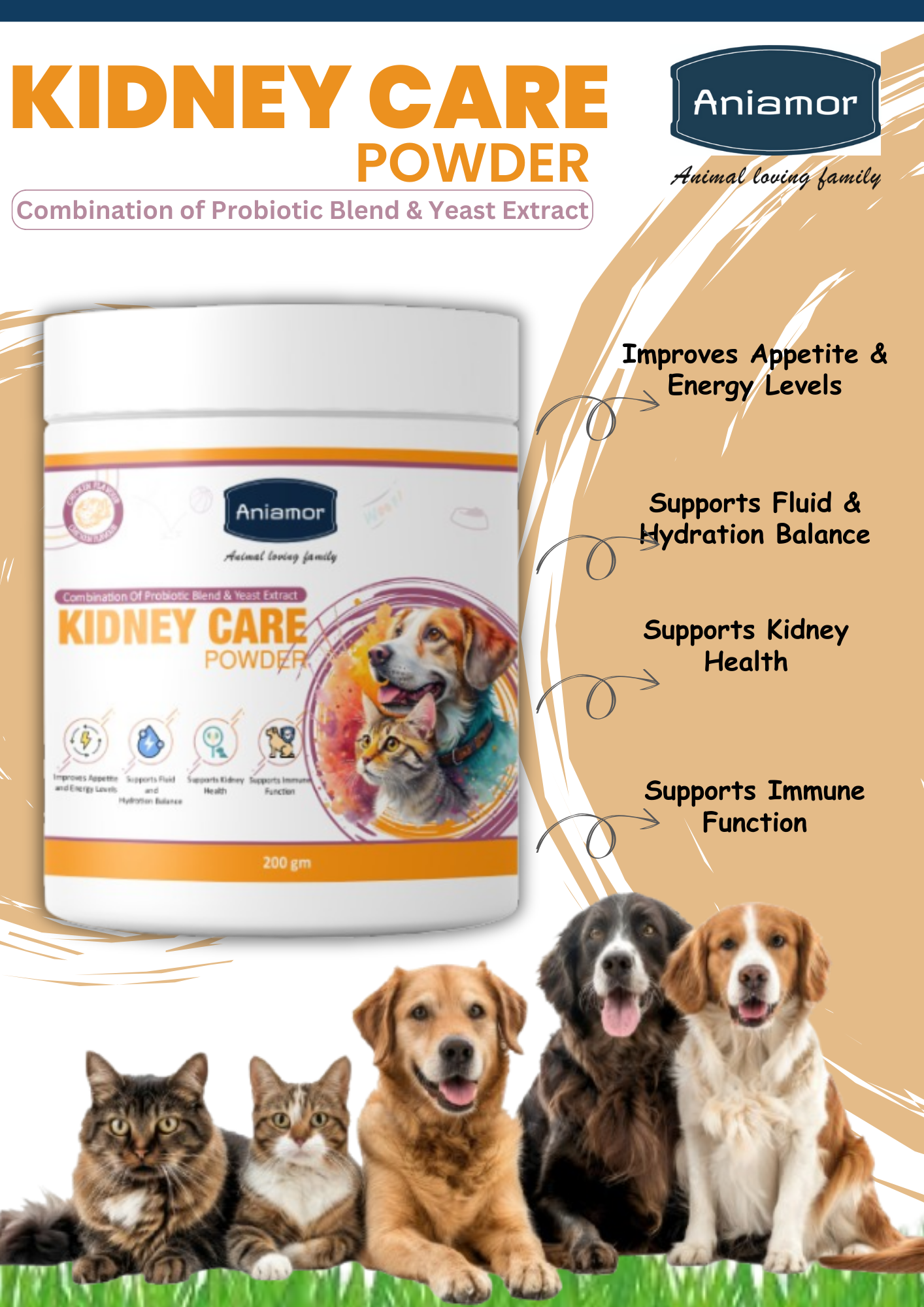 Aniamor Kidney Care Powder For Dogs and Cats|Kidney Care|Pets Supplement|All Life Stage|200gm Jar